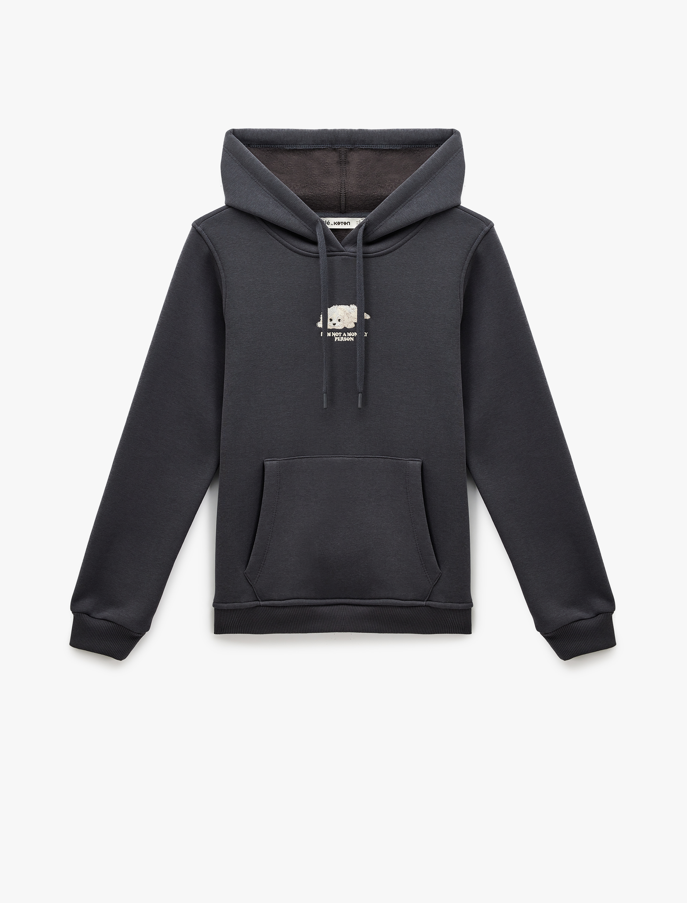   Şardonlu Uzun Kollu Cepli Köpek Nakış Detaylı Kapüşonlu Sweatshirt