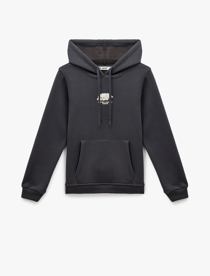  Şardonlu Uzun Kollu Cepli Köpek Nakış Detaylı Kapüşonlu Sweatshirt