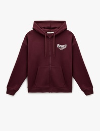 Rahat Kalıp Uzun Kollu Cepli Fermuarlı Arkası Baskılı Kapüşonlu Sweatshirt