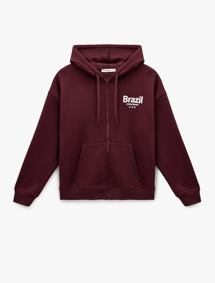  Rahat Kalıp Uzun Kollu Cepli Fermuarlı Arkası Baskılı Kapüşonlu Sweatshirt