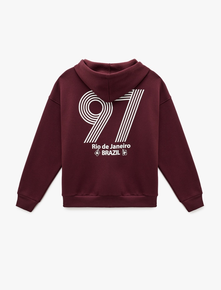  Rahat Kalıp Uzun Kollu Cepli Fermuarlı Arkası Baskılı Kapüşonlu Sweatshirt