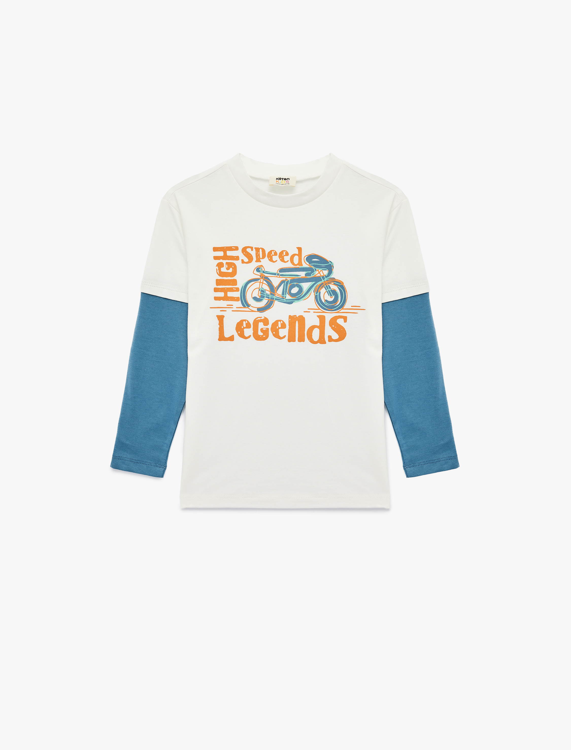 Erkek Çocuk Pamuklu Uzun Çıkma Kollu Renk Kontrastlı Bisiklet Yaka Baskılı Tişört
