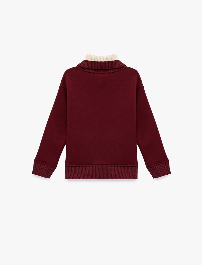 Kız Çocuk Uzun Kollu Nakışlı Renk Kontrastlı Oversize Yarım Fermuarlı Sweatshirt