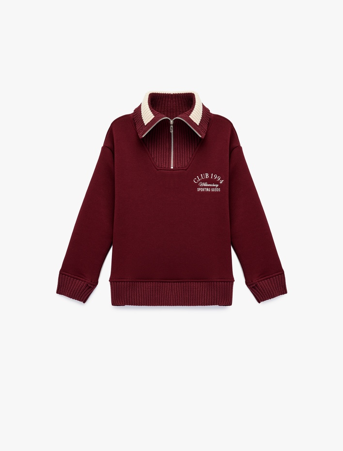 Kız Çocuk Uzun Kollu Nakışlı Renk Kontrastlı Oversize Yarım Fermuarlı Sweatshirt