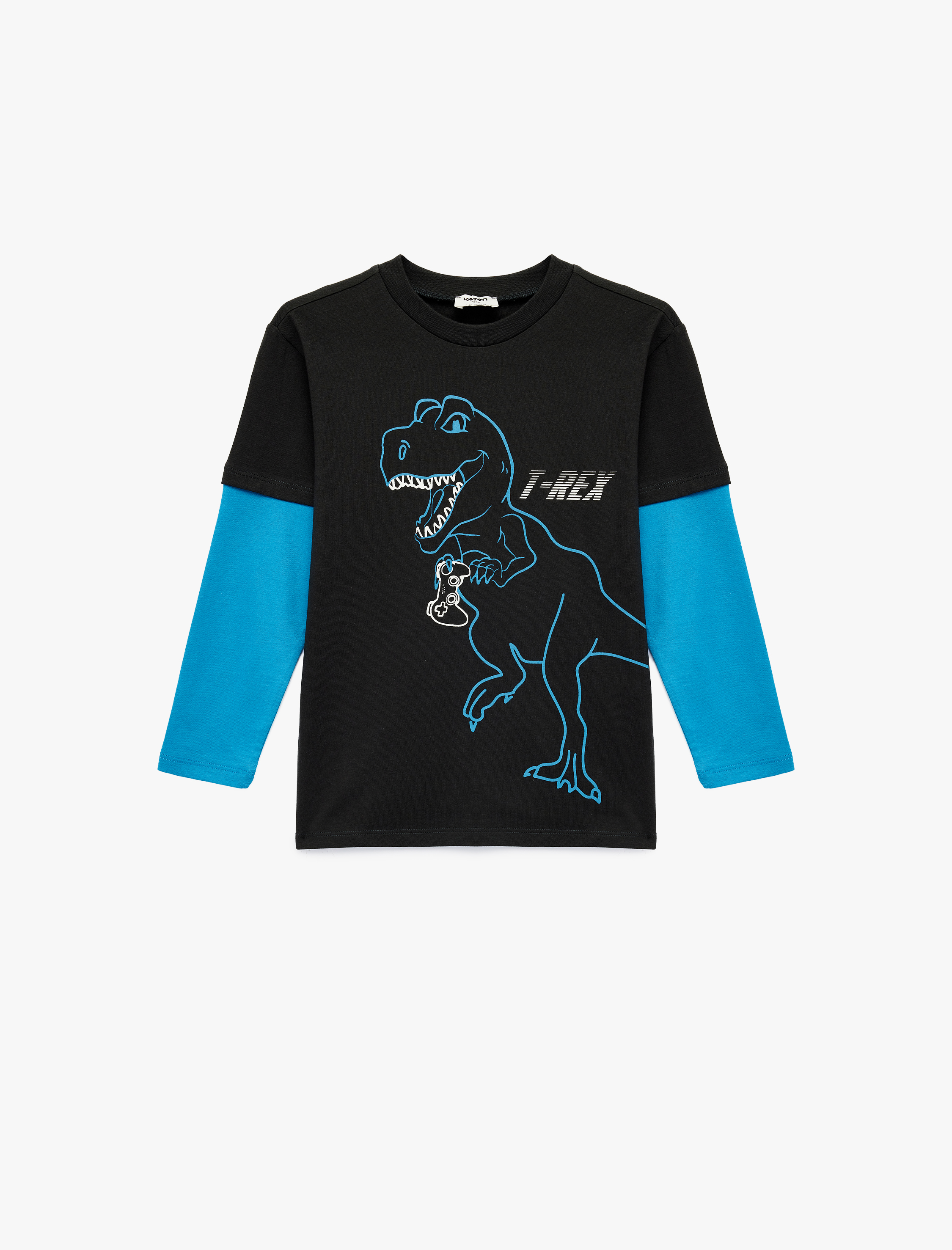  Erkek Çocuk Uzun Çıkma Kollu Bisiklet Yaka Pamuklu Dinozor Baskılı Tişört