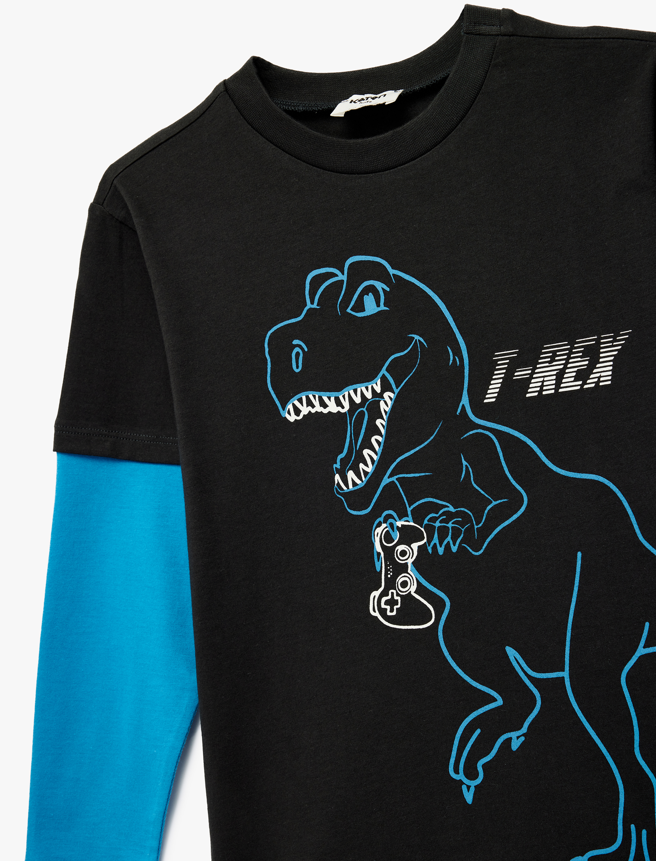  Erkek Çocuk Uzun Çıkma Kollu Bisiklet Yaka Pamuklu Dinozor Baskılı Tişört