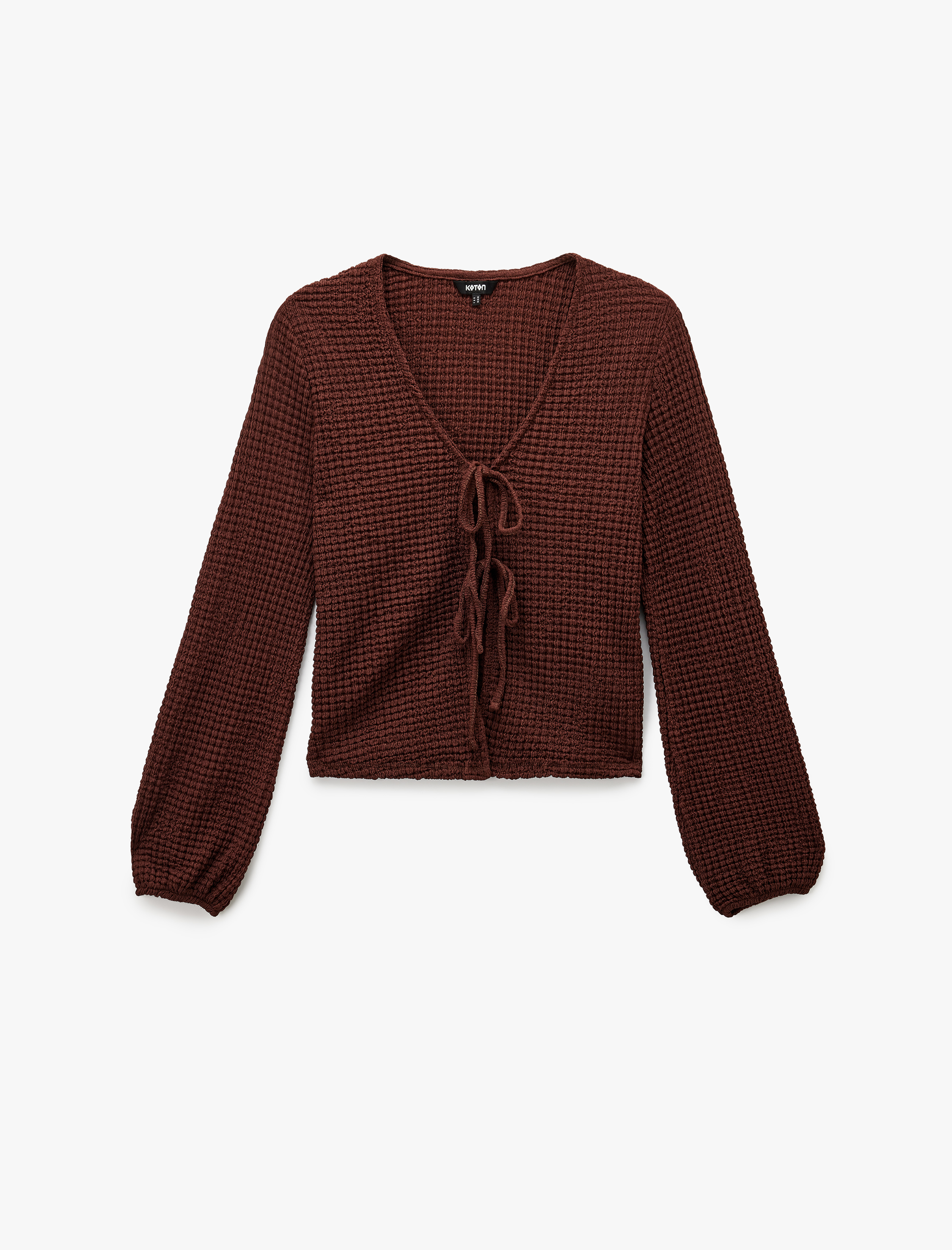   Slim Fit Uzun Kollu V Yaka Fiyonk Bağlama Detaylı Dokulu Bluz