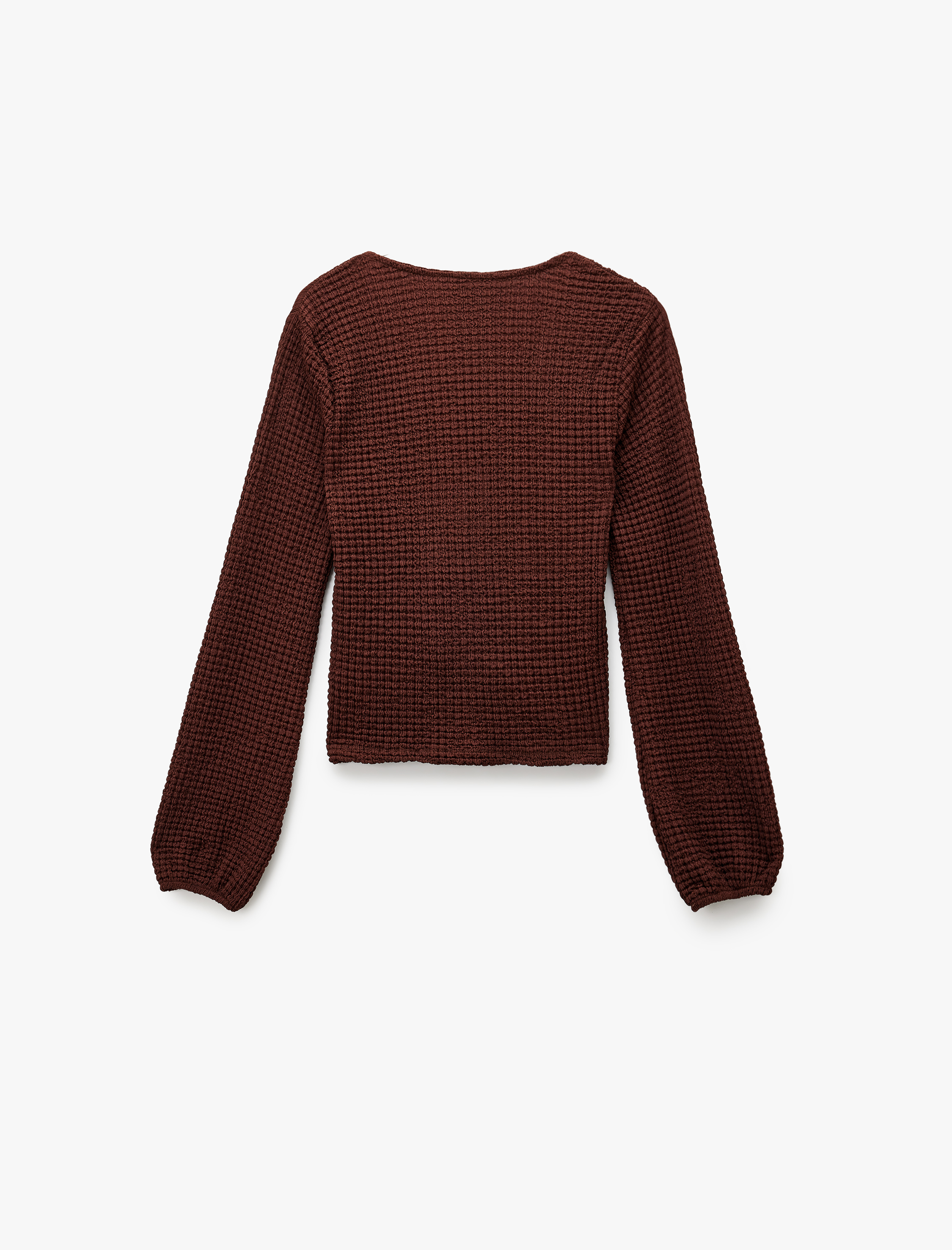   Slim Fit Uzun Kollu V Yaka Fiyonk Bağlama Detaylı Dokulu Bluz