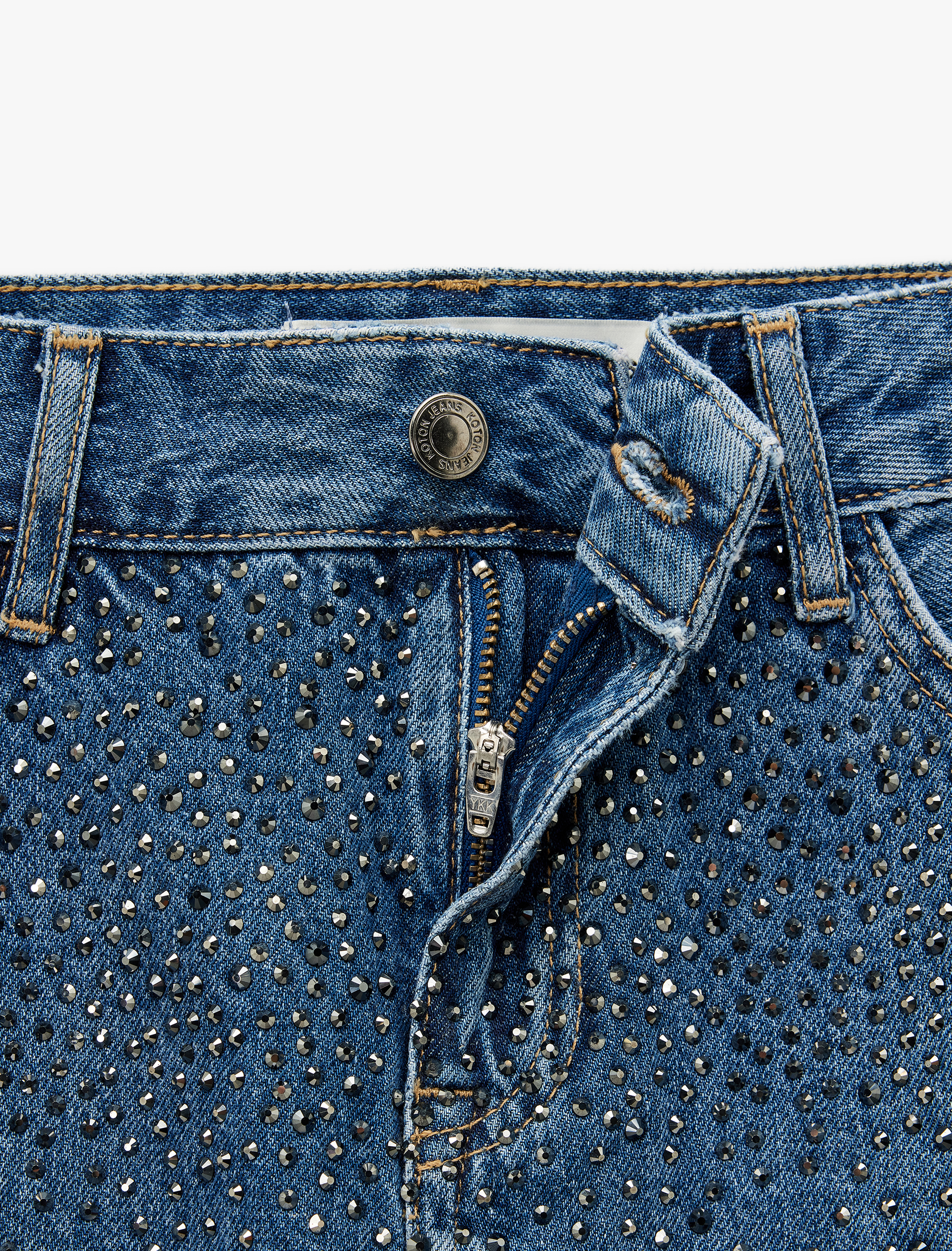   A Kesim Taş Detaylı Denim Mini Etek