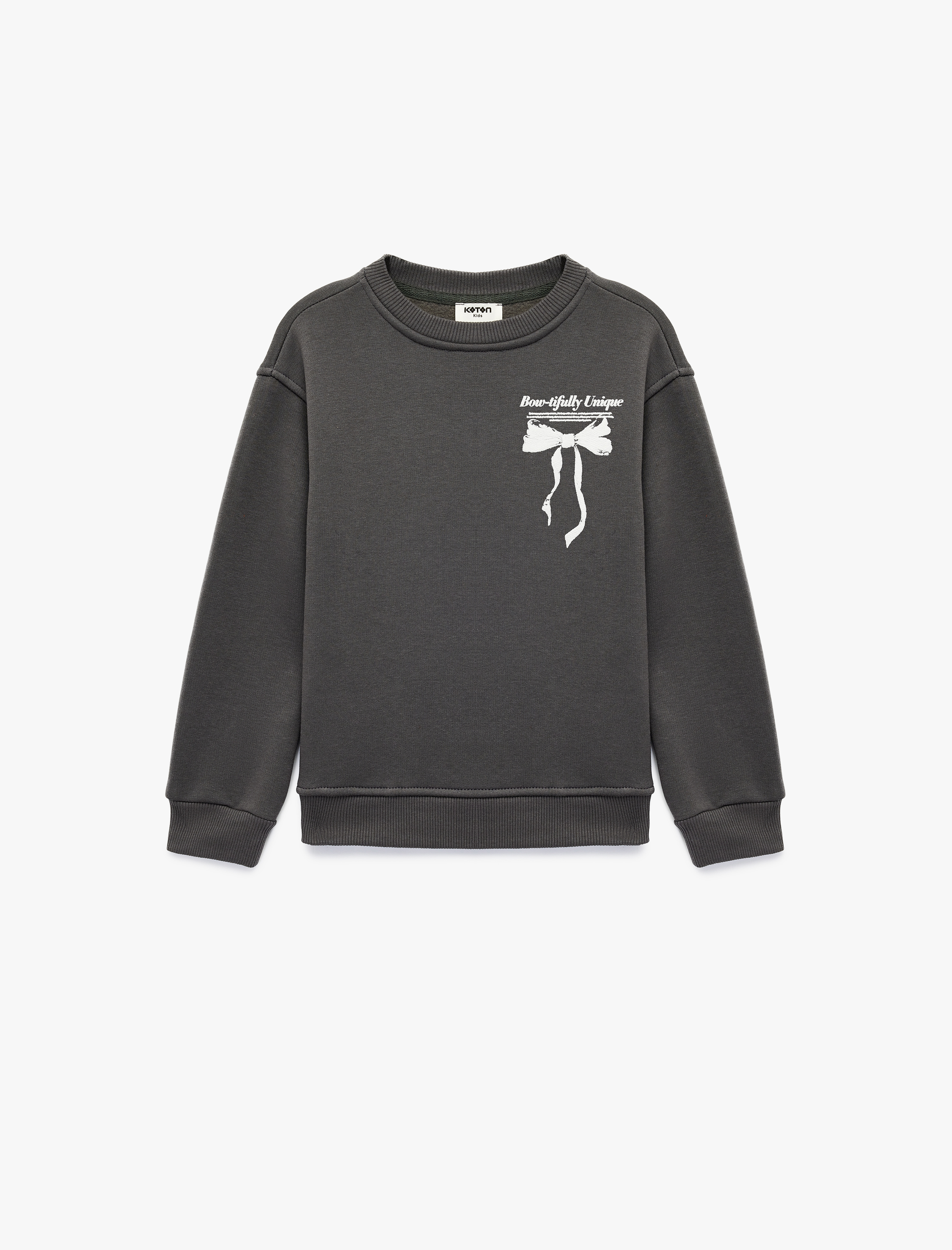  Kız Çocuk Uzun Kollu Bisiklet Yaka Fiyonk Baskılı Sweatshirt