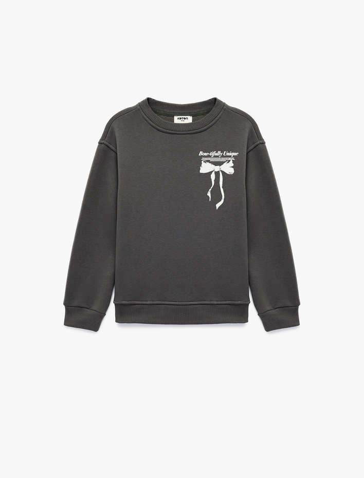 Kız Çocuk Uzun Kollu Bisiklet Yaka Fiyonk Baskılı Sweatshirt