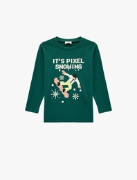 Pamuklu Uzun Kollu Bisiklet Yaka Yılbaşı Baskılı Yılbaşı Tişört