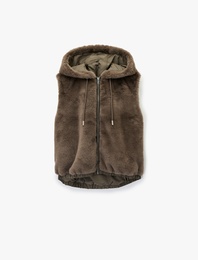 Kolsuz Kapüşonlu Fermuarlı Peluş Yelek
