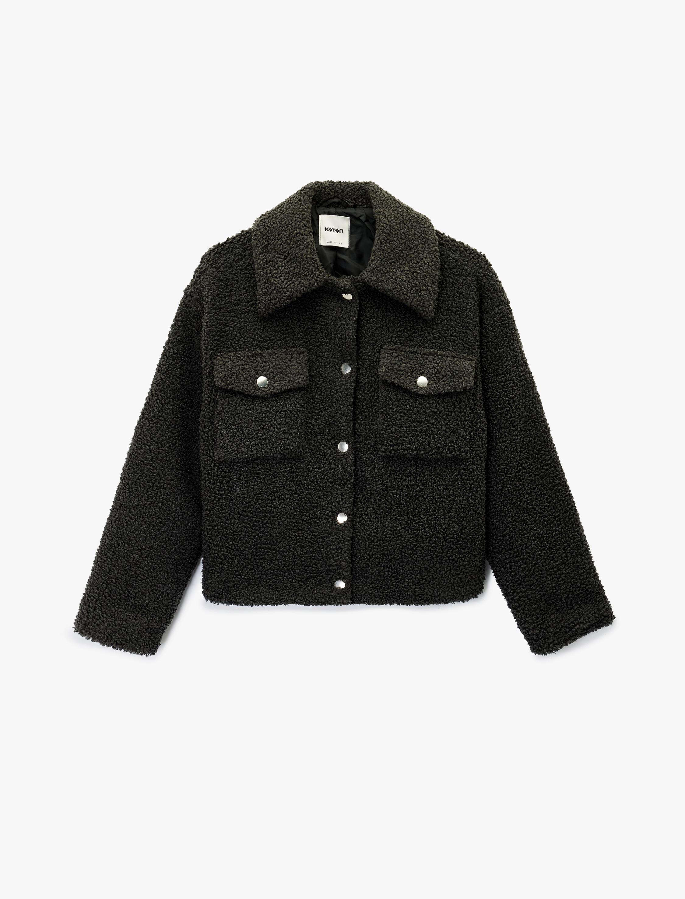   Düğmeli Uzun Kollu Kapaklı Cep Detaylı Peluş Ceket