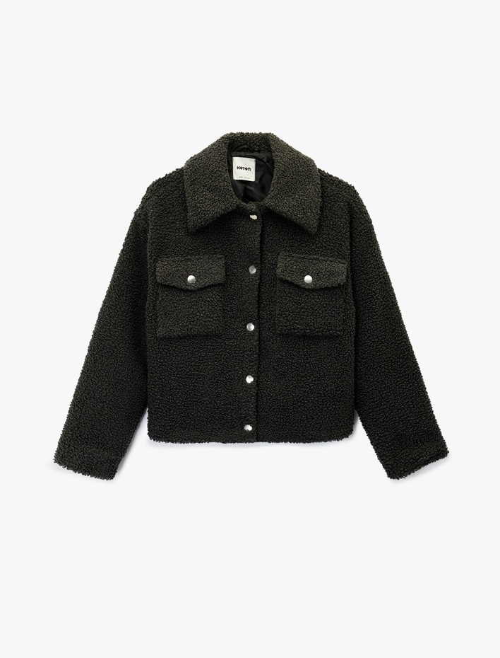  Düğmeli Uzun Kollu Kapaklı Cep Detaylı Peluş Ceket