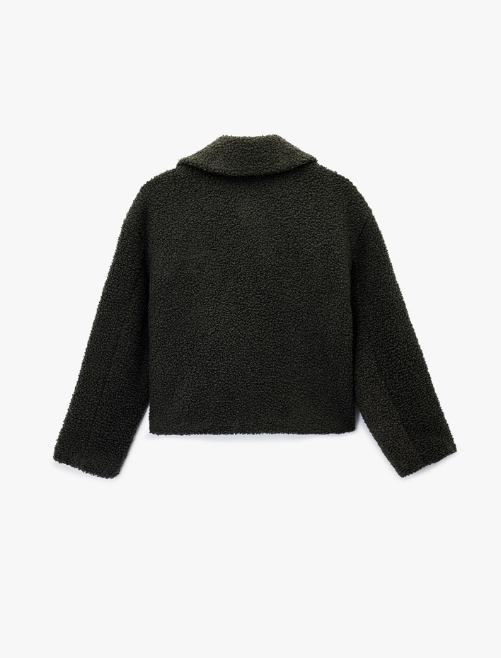  Düğmeli Uzun Kollu Kapaklı Cep Detaylı Peluş Ceket