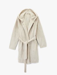 Uzun Kollu Kapüşonlu Kemerli Peluş Sabahlık