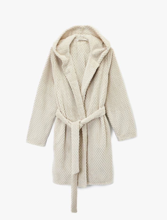  Uzun Kollu Kapüşonlu Kemerli Peluş Sabahlık