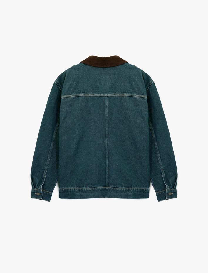  Regular Fit Uzun Kollu Kapaklı Cepli Renk Kontrastlı Yaka Jean Ceket