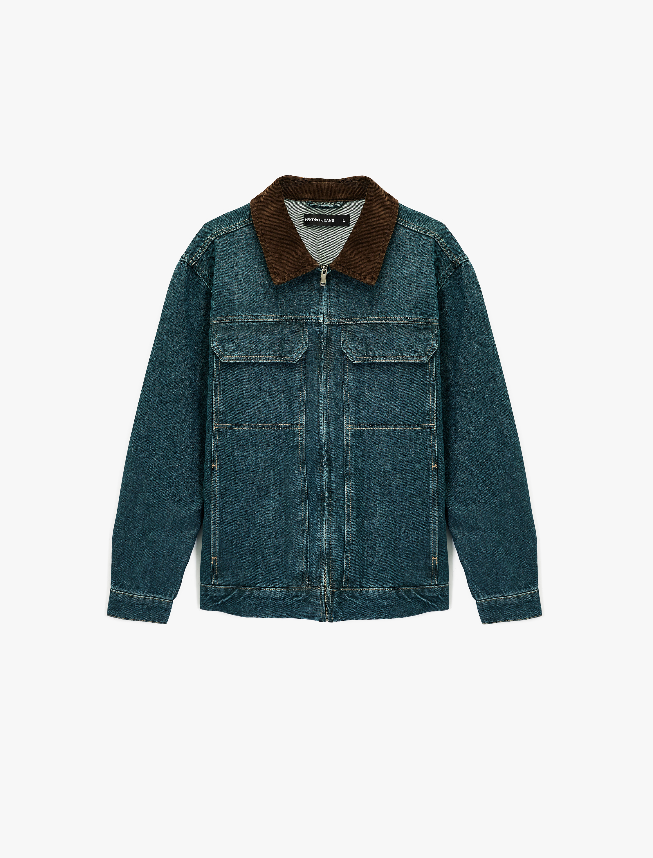   Regular Fit Uzun Kollu Kapaklı Cepli Renk Kontrastlı Yaka Jean Ceket