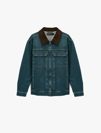 Regular Fit Uzun Kollu Kapaklı Cepli Renk Kontrastlı Yaka Jean Ceket