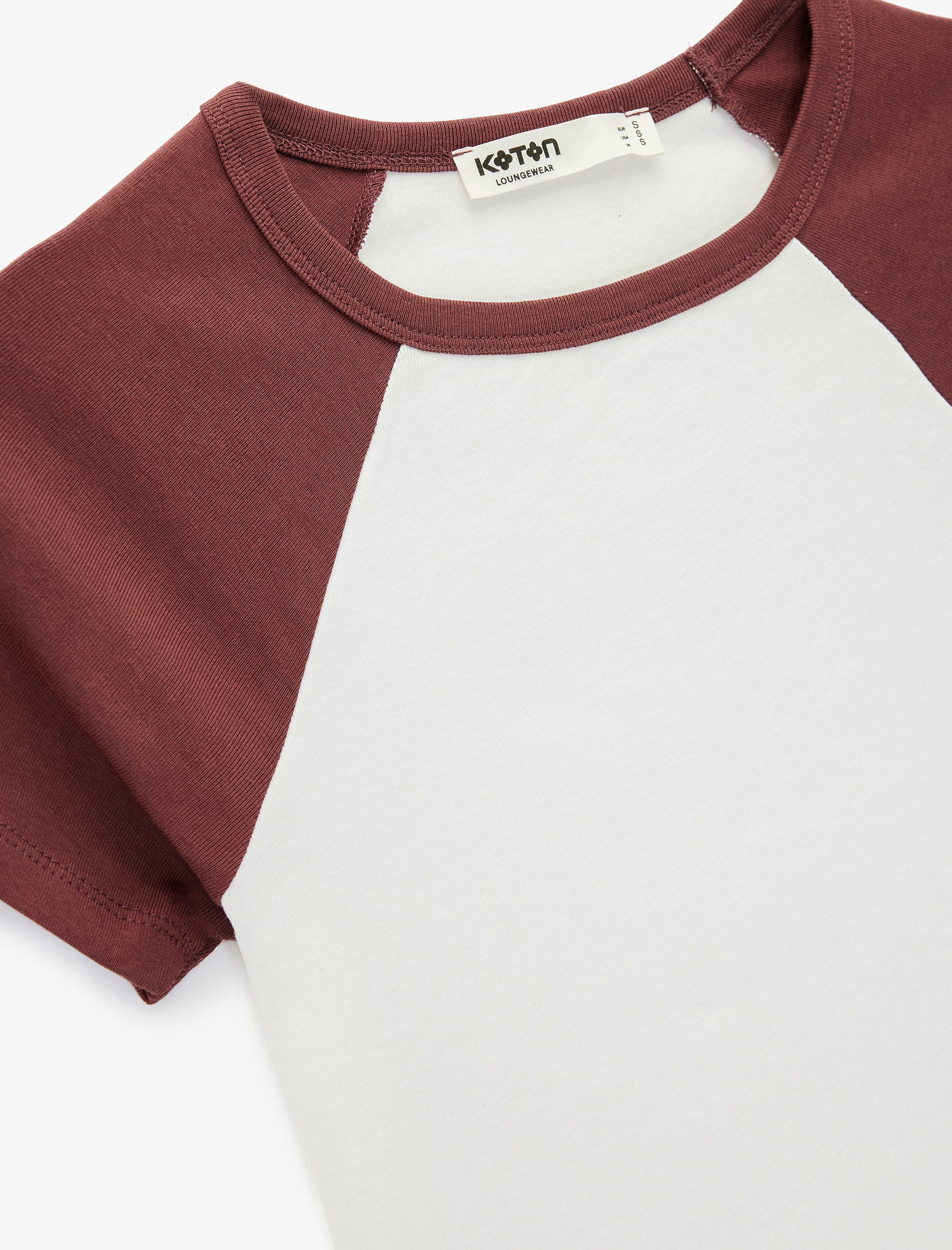   Slim Fit Pamuklu Renk Bloklu Kısa Kollu Bisiklet Yaka Crop Tişört Pijama Üstü