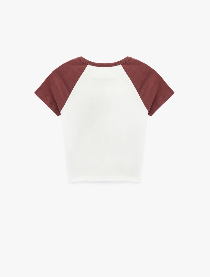  Slim Fit Pamuklu Renk Bloklu Kısa Kollu Bisiklet Yaka Crop Tişört Pijama Üstü