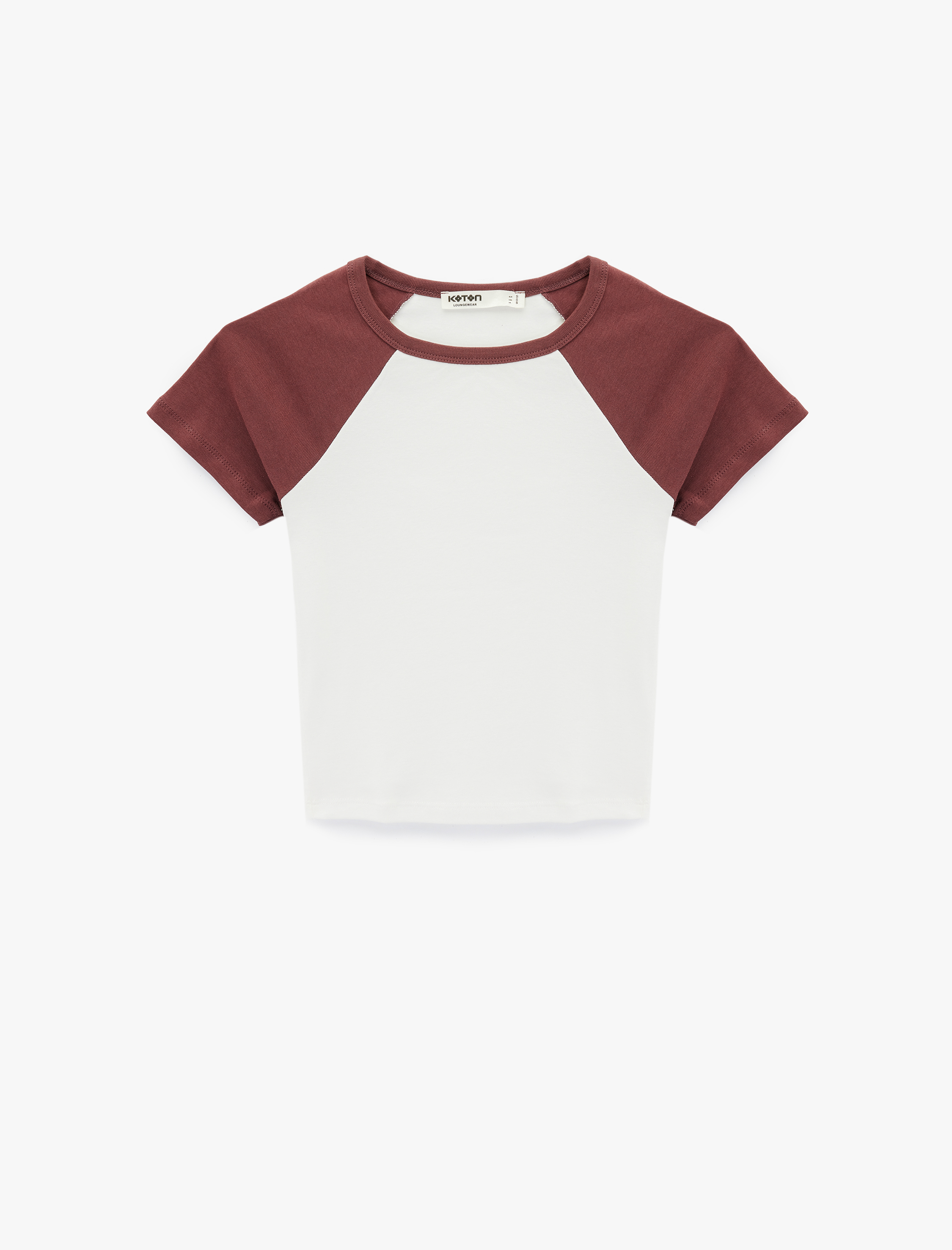   Slim Fit Pamuklu Renk Bloklu Kısa Kollu Bisiklet Yaka Crop Tişört Pijama Üstü