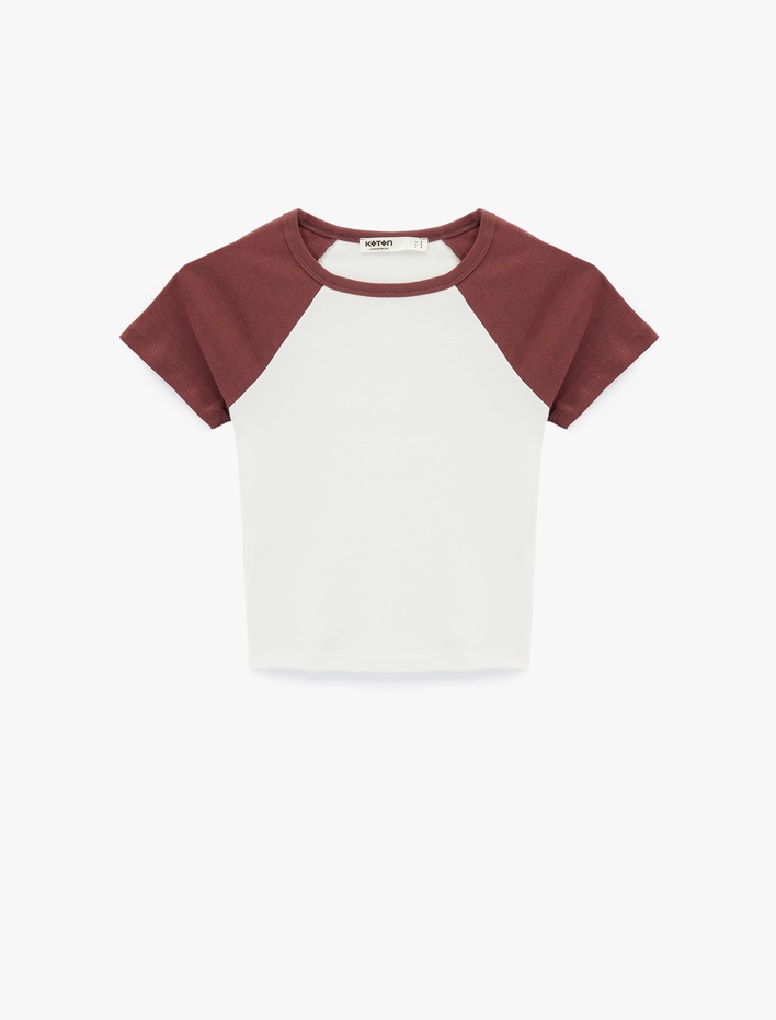  Slim Fit Pamuklu Renk Bloklu Kısa Kollu Bisiklet Yaka Crop Tişört Pijama Üstü