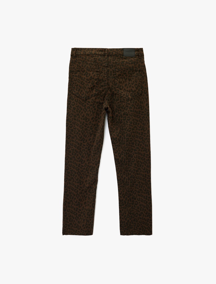  Dar Kesim Cepli Leopar Desenli Jean Pantolon - Flare Fit Crop Jeans