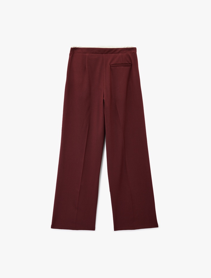  Cepli Pile Detaylı Beli Bağcıklı Geniş Paça Kumaş Pantolon