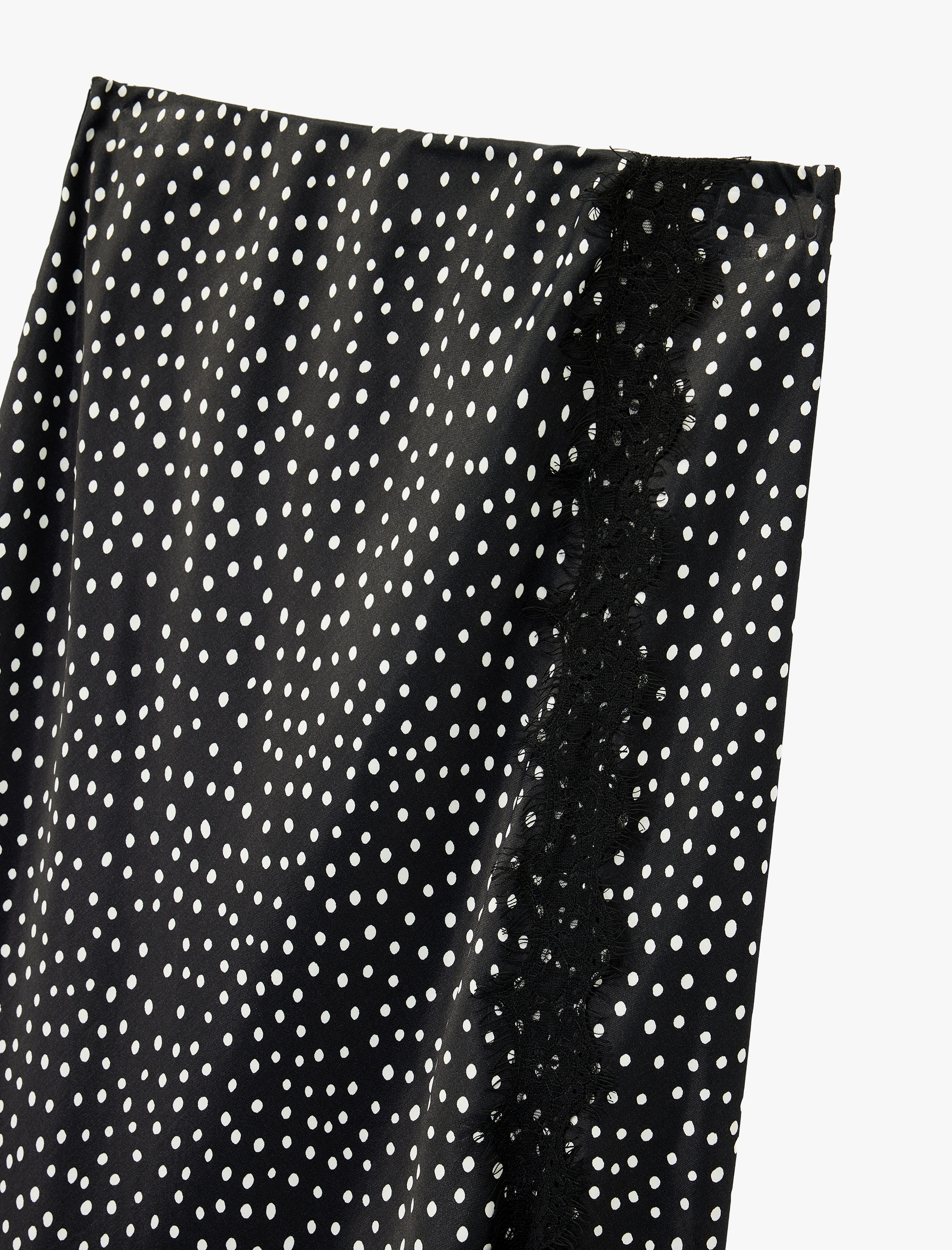   Viskon Puantiyeli Dantel Detaylı Midi Saten Çan Etek