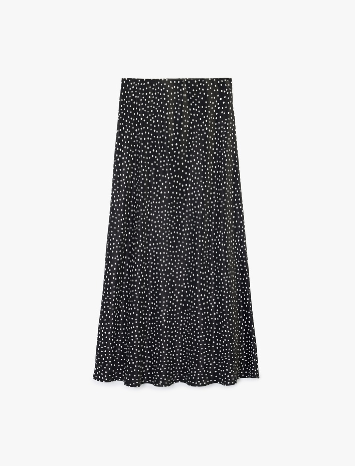  Viskon Puantiyeli Dantel Detaylı Midi Saten Çan Etek