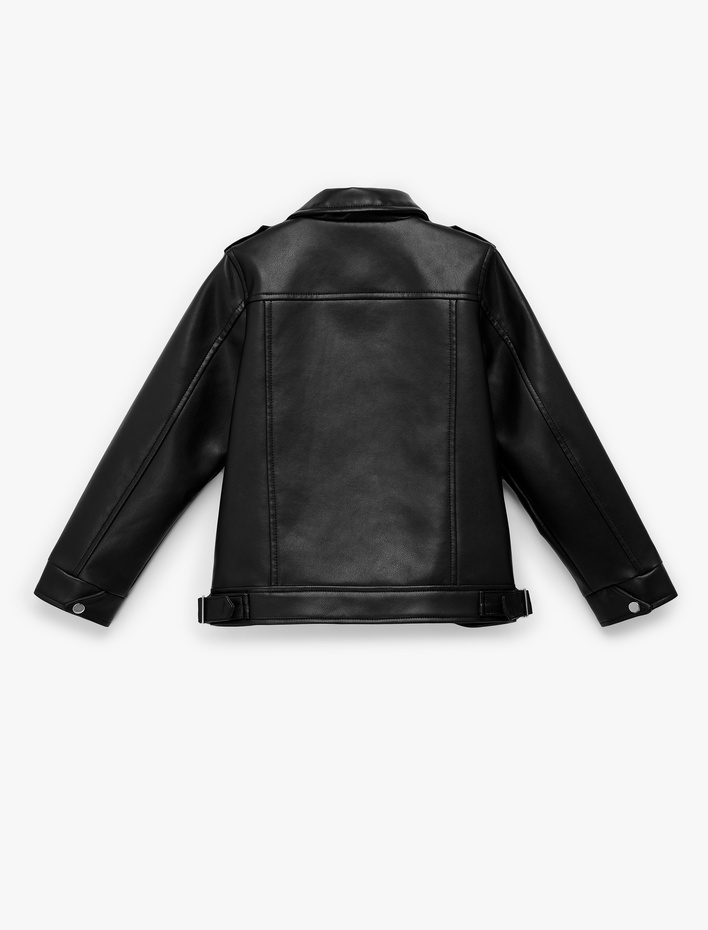 Kız Çocuk Uzun Kollu Fermuarlı Cepli Kruvaze Yaka Suni Deri Biker Ceket