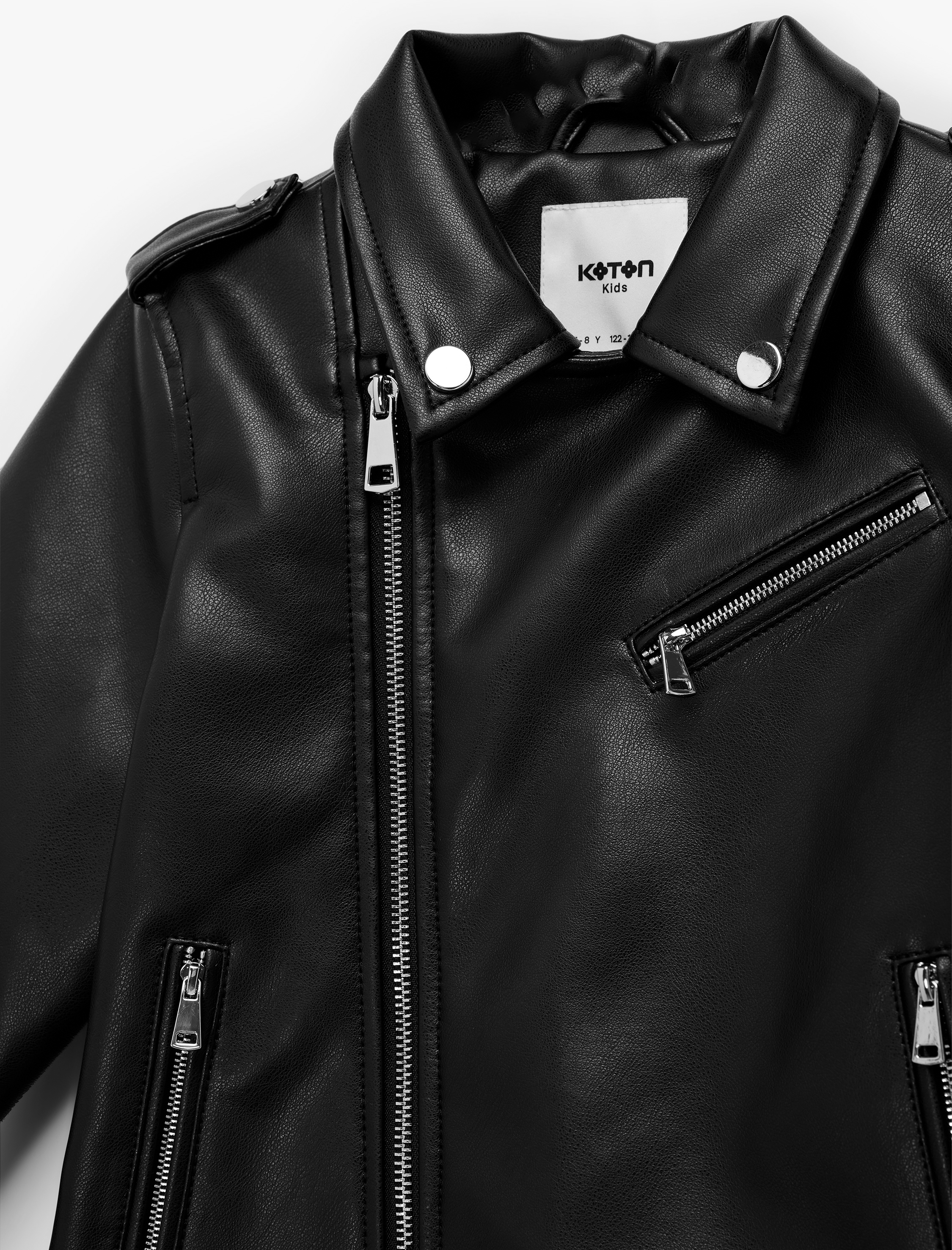  Kız Çocuk Uzun Kollu Fermuarlı Cepli Kruvaze Yaka Suni Deri Biker Ceket