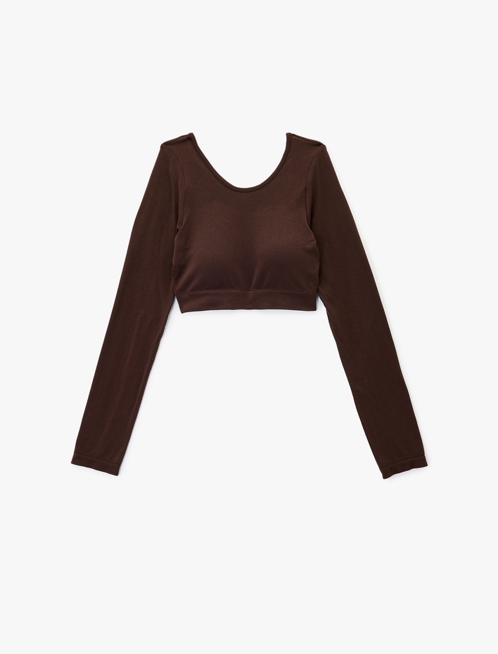  Sırt Detaylı Kayık Yaka Uzun Kollu Crop Spor Tişört