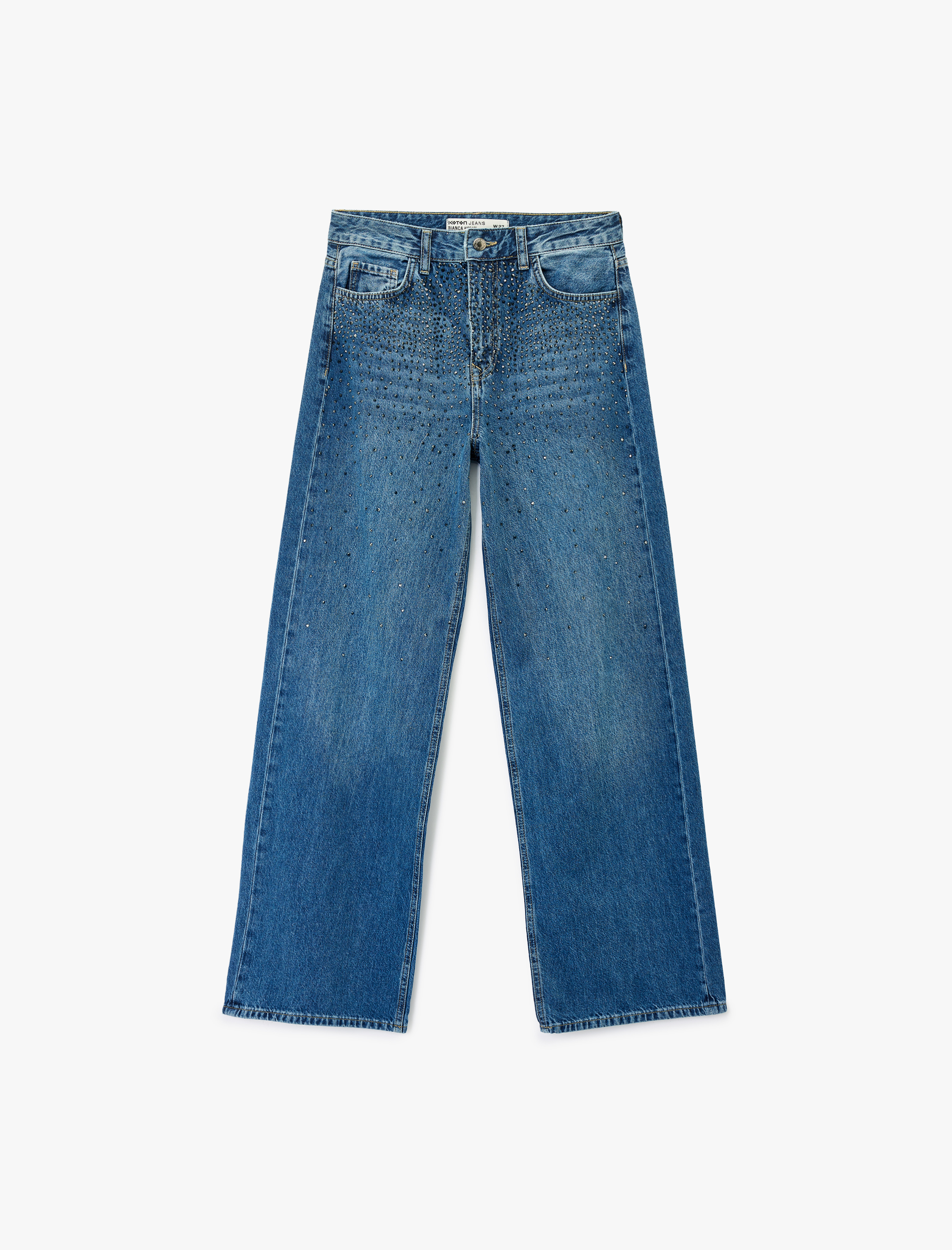   Cepli Geniş Düz Paça Taş Detaylı Jean Pantolon - Wide Leg Jeans