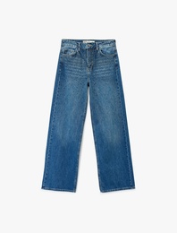 Cepli Geniş Düz Paça Taş Detaylı Jean Pantolon - Wide Leg Jeans