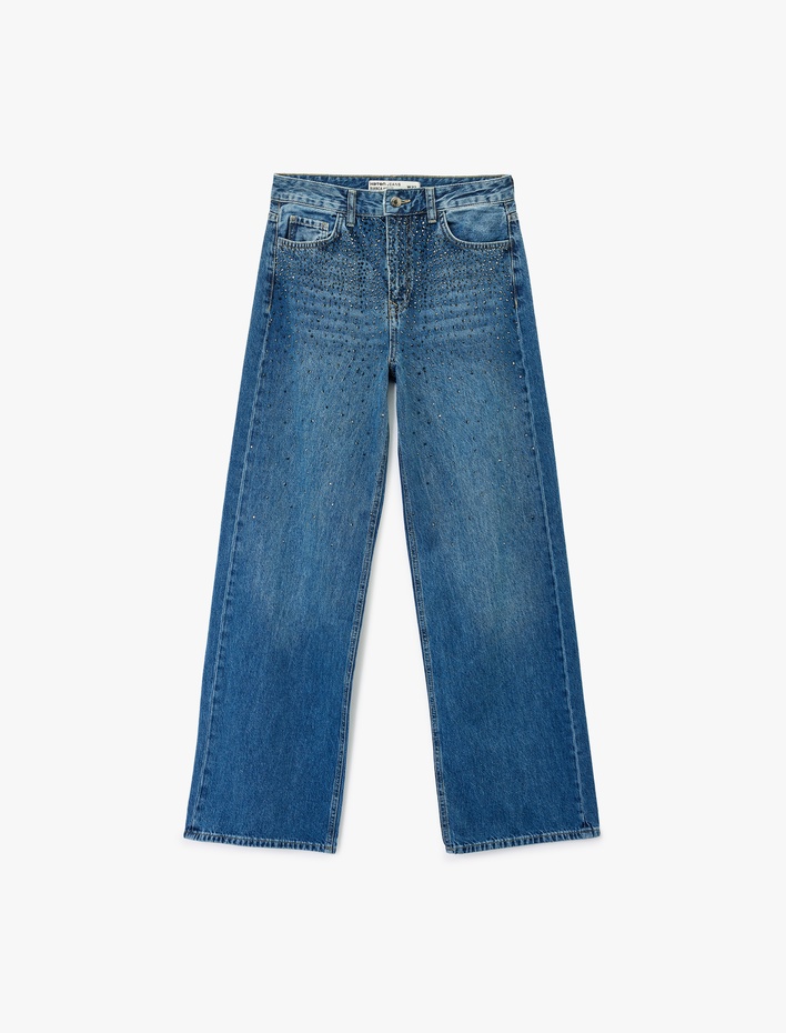  Cepli Geniş Düz Paça Taş Detaylı Jean Pantolon - Wide Leg Jeans