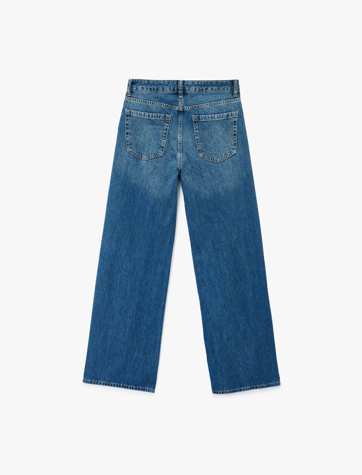  Cepli Geniş Düz Paça Taş Detaylı Jean Pantolon - Wide Leg Jeans