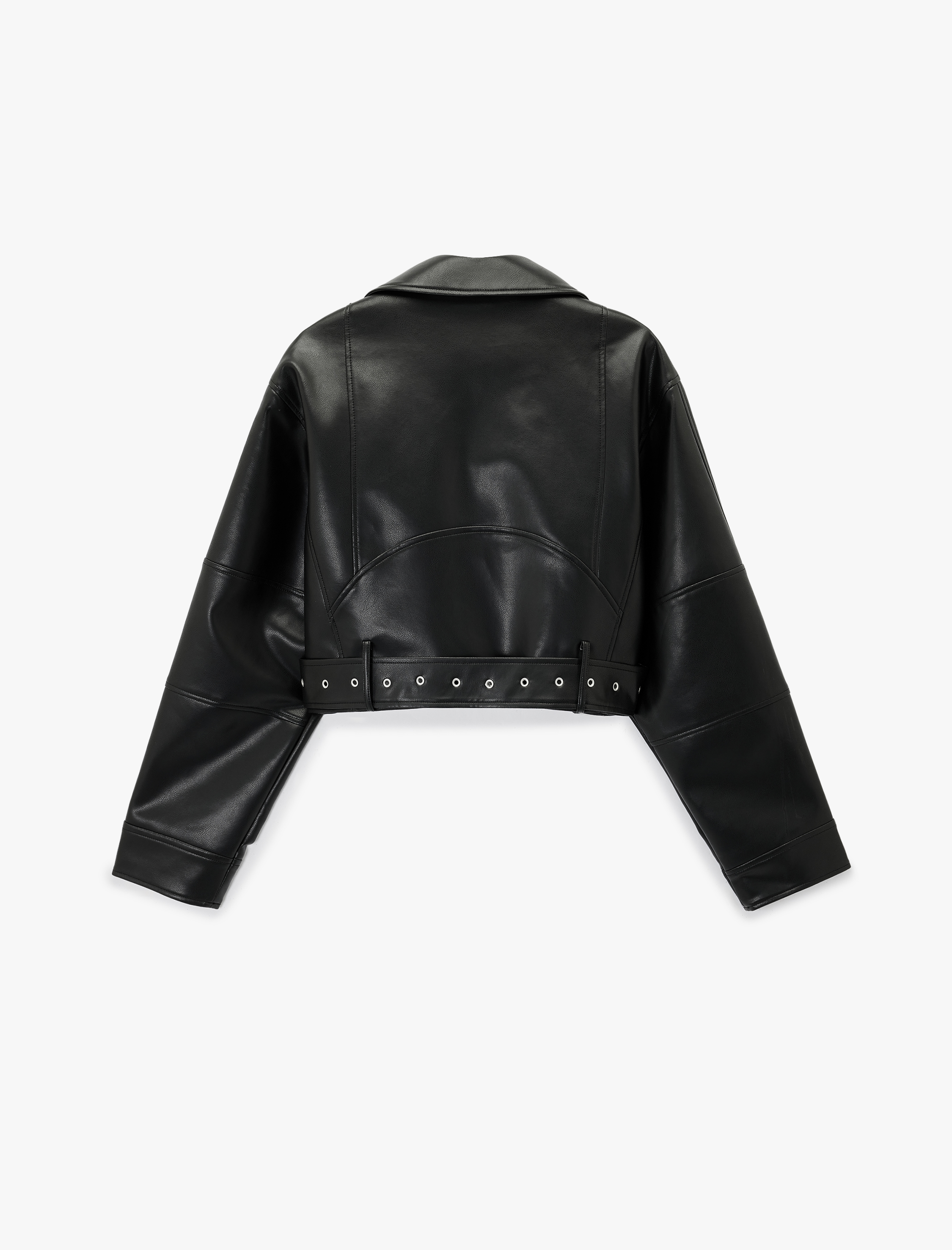   Fermuar Detaylı Uzun Kollu Crop Oversize Suni Deri Biker Ceket