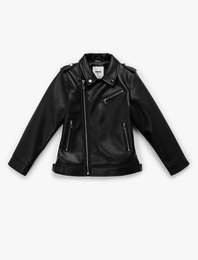 Uzun Kollu Fermuarlı Cepli Kruvaze Yaka Suni Deri Biker Ceket