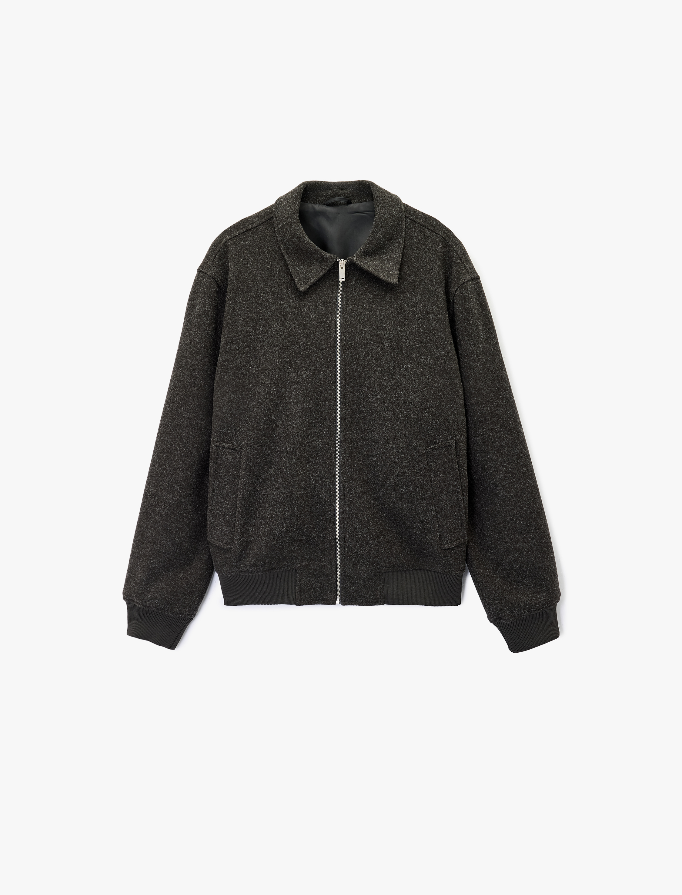   Uzun Kollu Cepli Fermuarlı Gömlek Yaka Kaşe Bomber Ceket