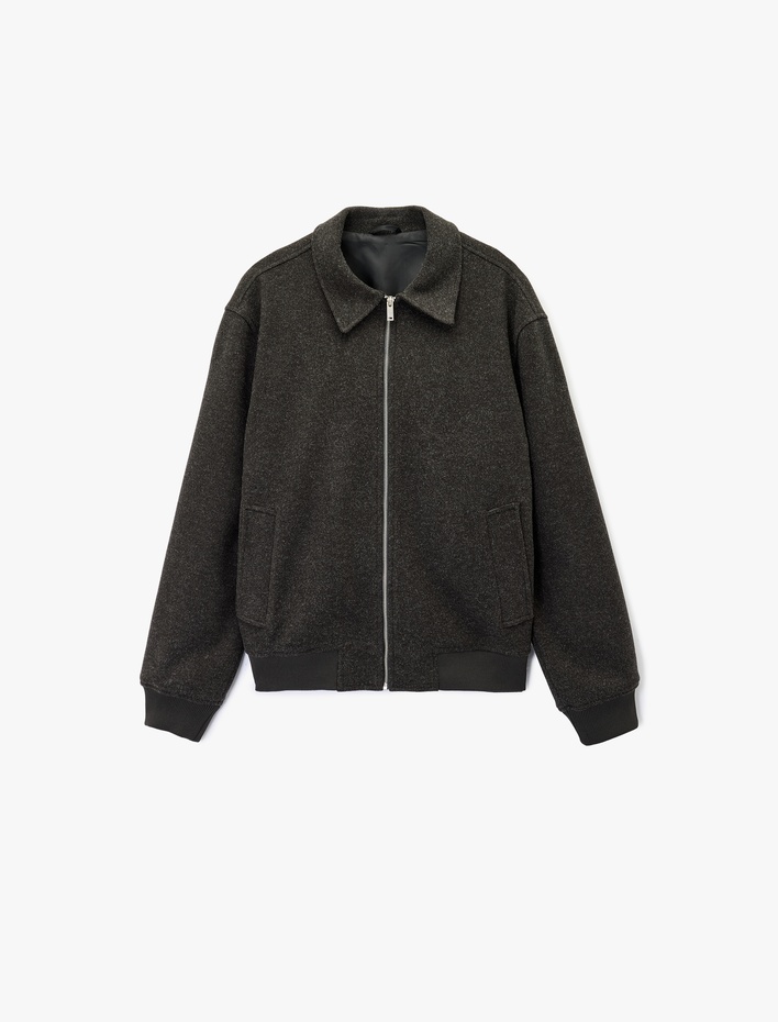  Uzun Kollu Cepli Fermuarlı Gömlek Yaka Kaşe Bomber Ceket