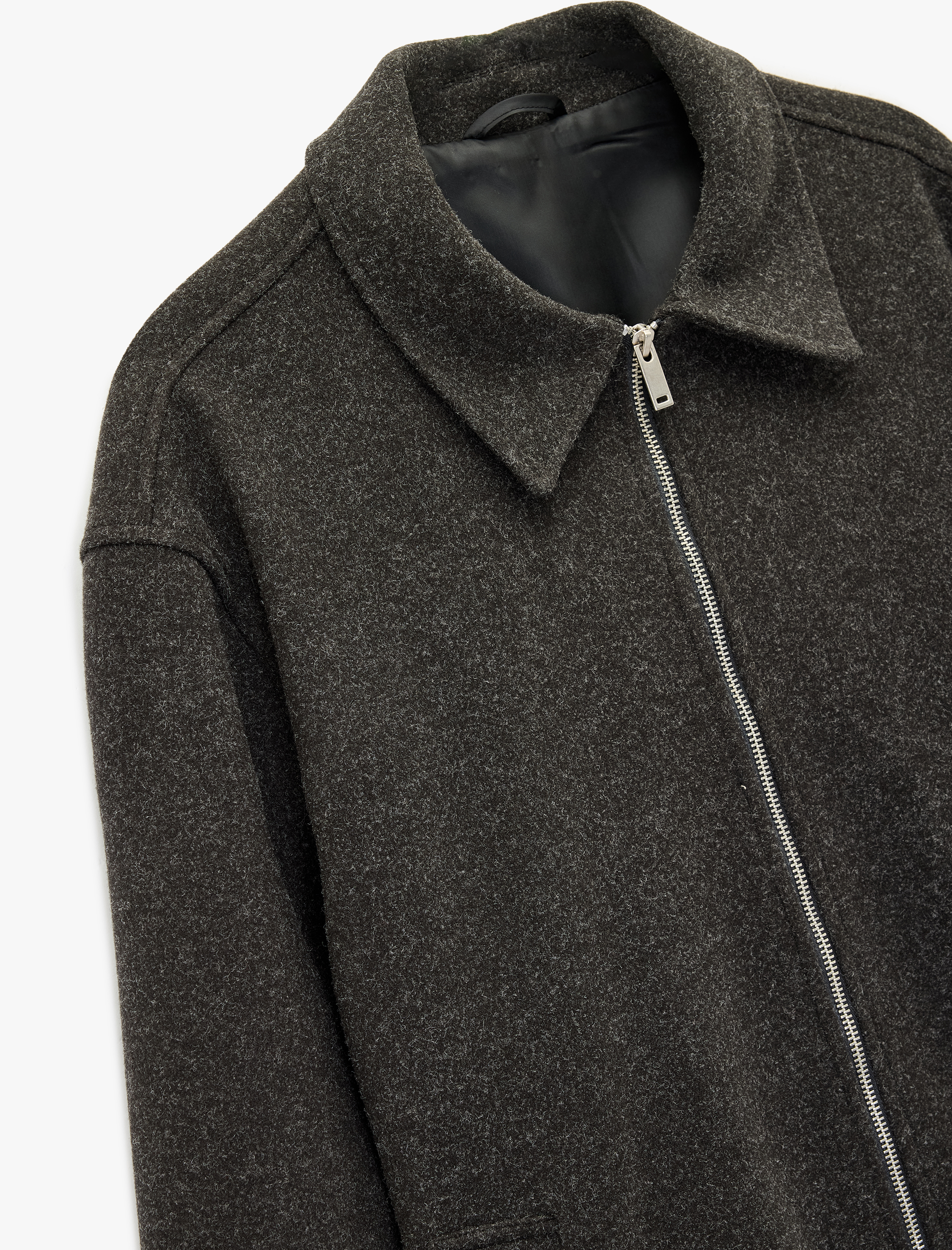   Uzun Kollu Cepli Fermuarlı Gömlek Yaka Kaşe Bomber Ceket