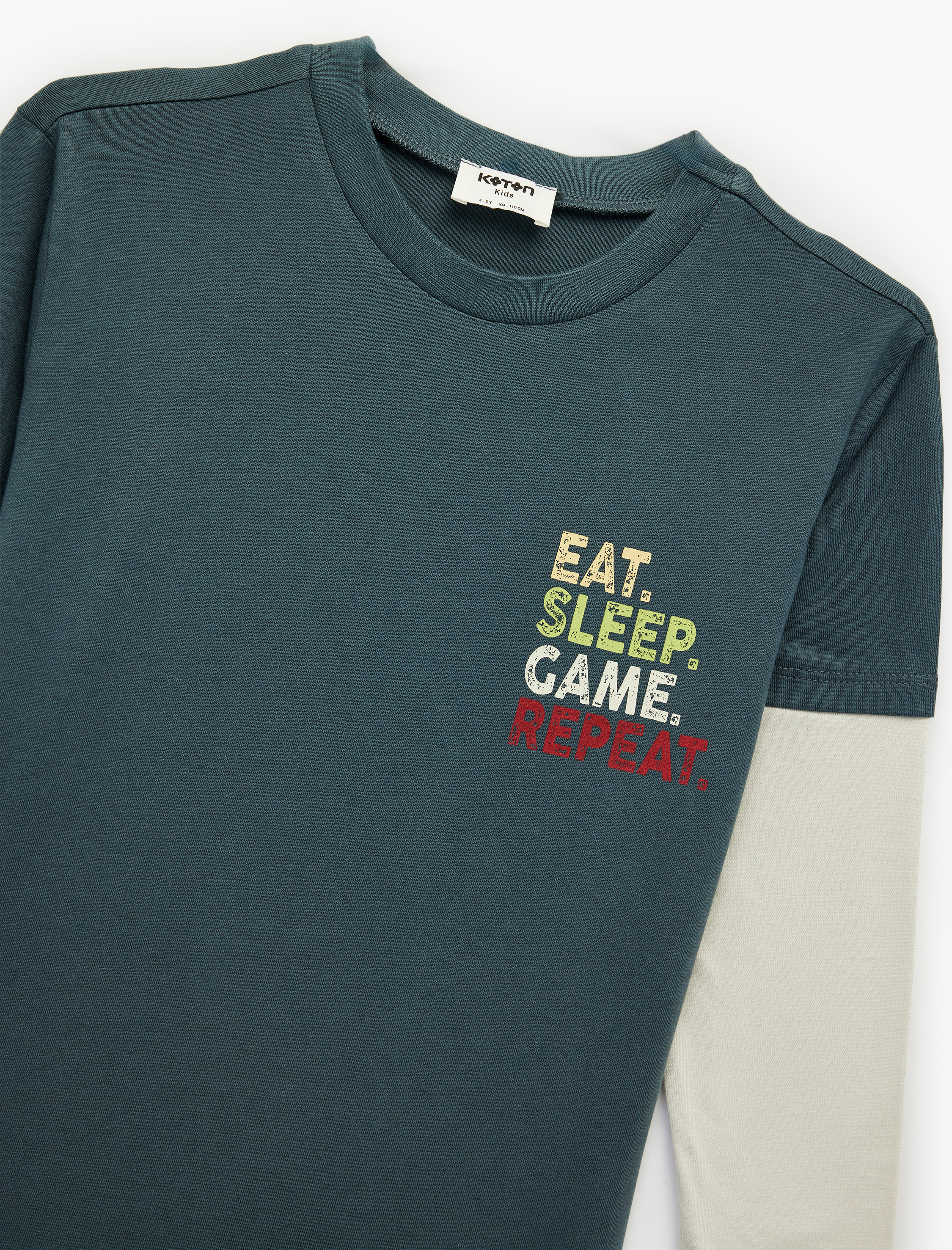  Erkek Çocuk Pamuklu Uzun Çıkma Kollu Renk Kontrastlı Bisiklet Yaka Baskılı Tişört