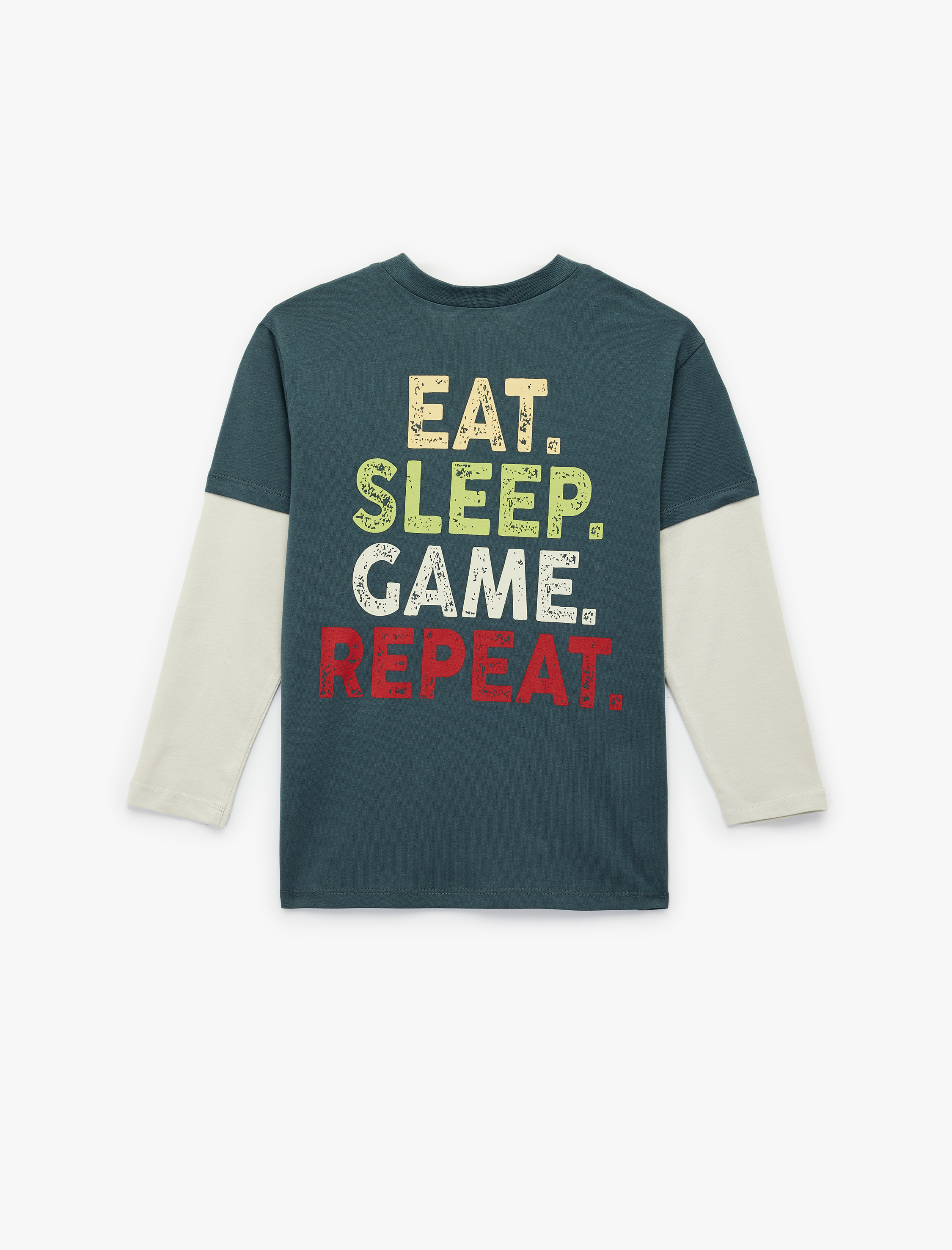  Erkek Çocuk Pamuklu Uzun Çıkma Kollu Renk Kontrastlı Bisiklet Yaka Baskılı Tişört