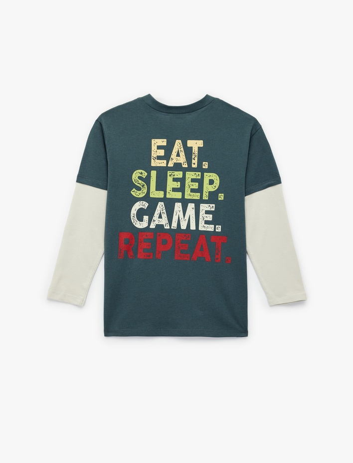 Erkek Çocuk Pamuklu Uzun Çıkma Kollu Renk Kontrastlı Bisiklet Yaka Baskılı Tişört