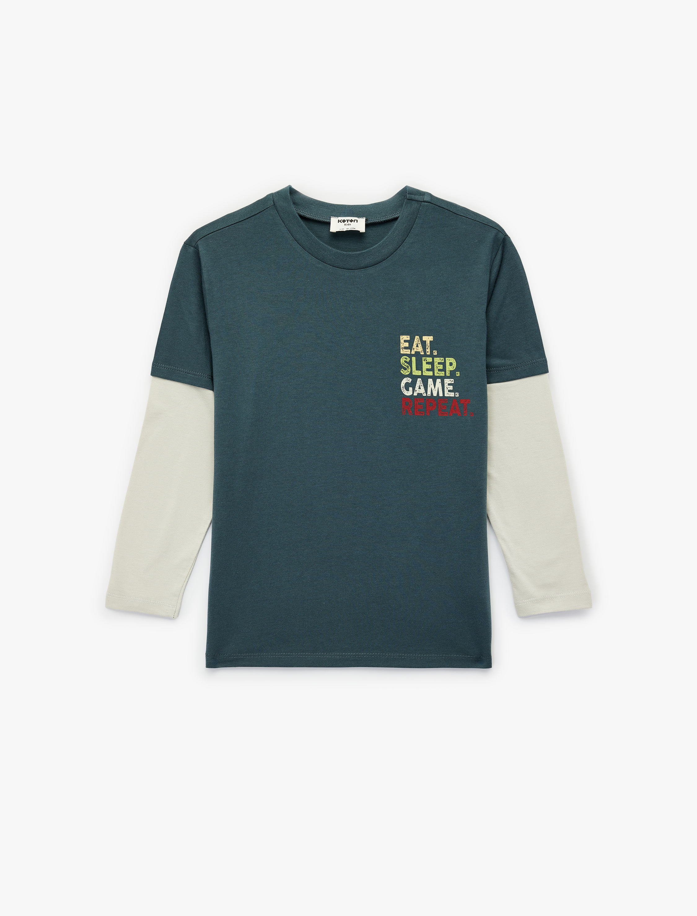  Erkek Çocuk Pamuklu Uzun Çıkma Kollu Renk Kontrastlı Bisiklet Yaka Baskılı Tişört