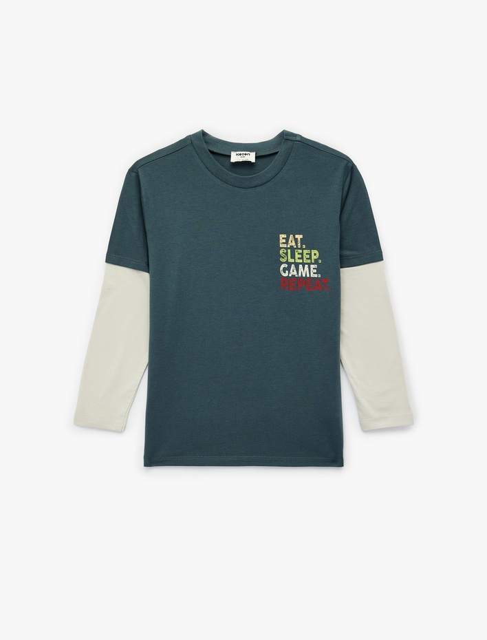 Erkek Çocuk Pamuklu Uzun Çıkma Kollu Renk Kontrastlı Bisiklet Yaka Baskılı Tişört